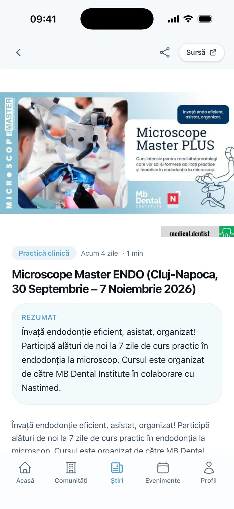 Un articol deschis în aplicația MyStoma, cu link către sursă