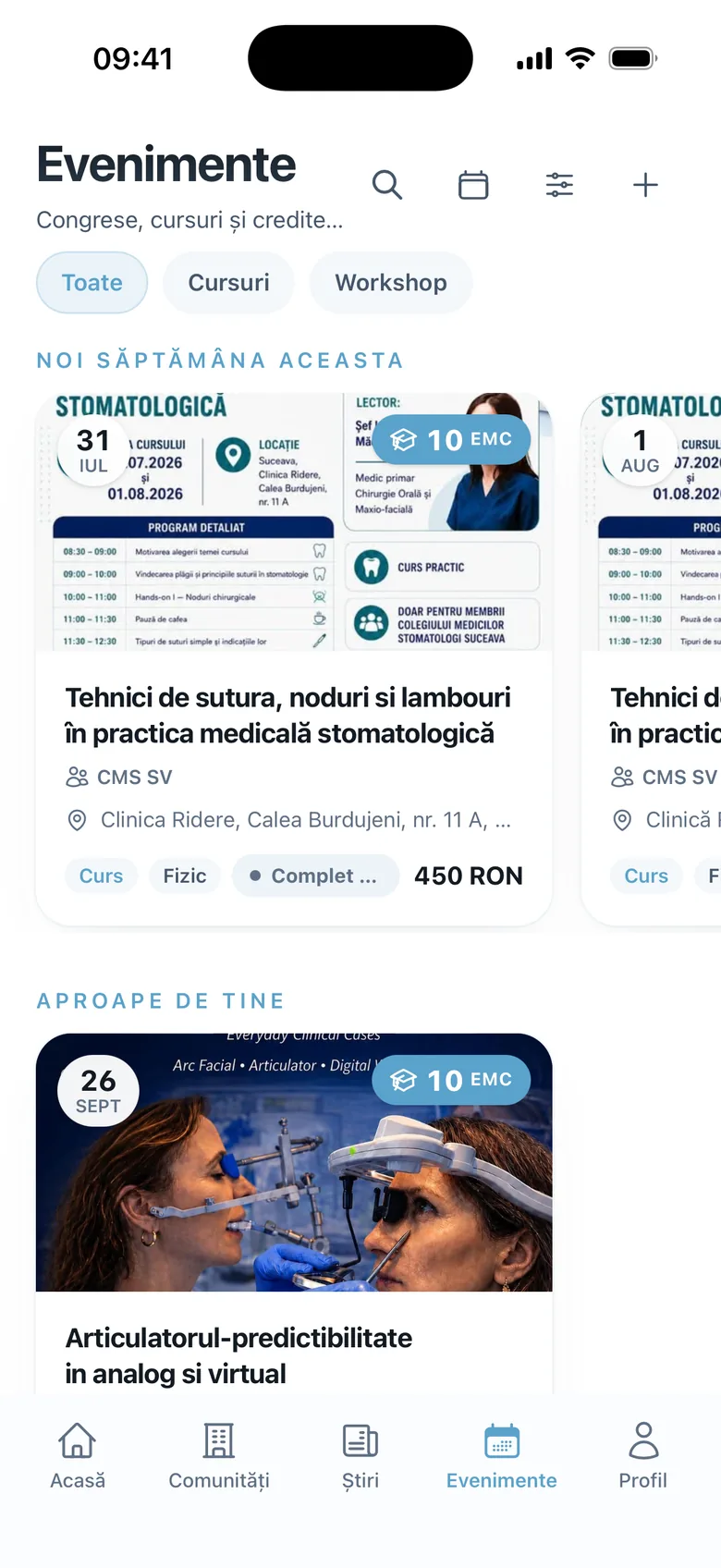 Ecranul Evenimente din aplicația MyStoma